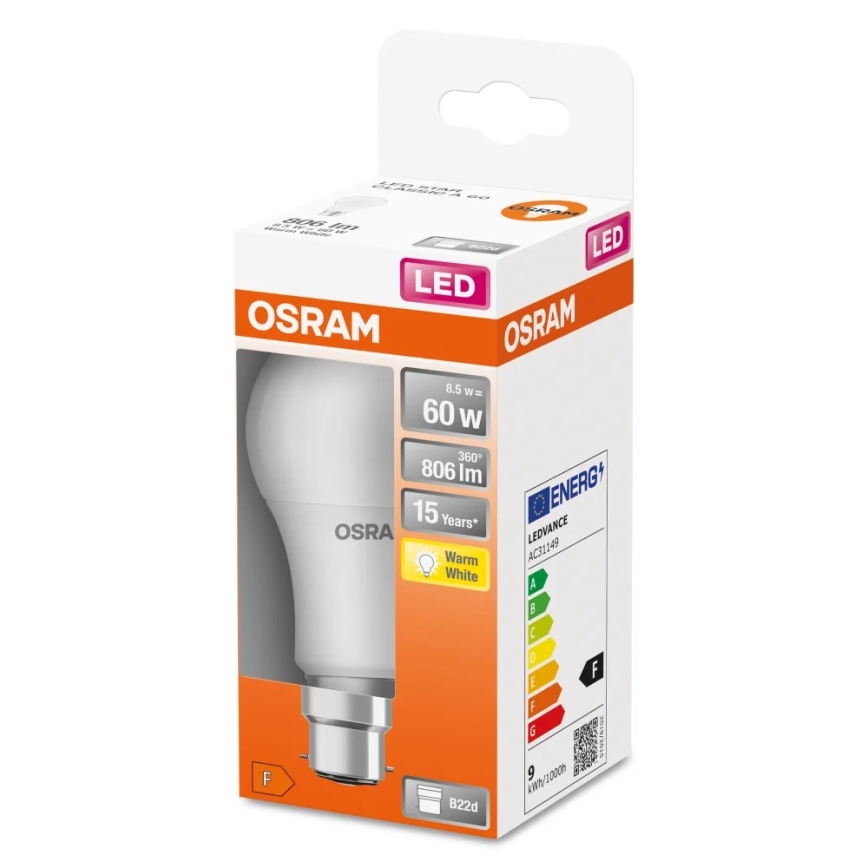 LED Spuldze A60 B22d/8,5W/230V 2700K - Osram