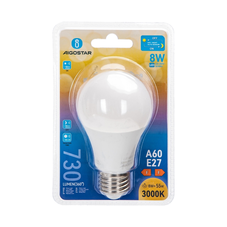 LED spuldze ar krēslas sensoru A60 E27/8W/230V 3000K - Aigostar