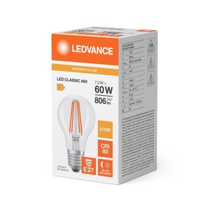 LED spuldze ar krēslas sensoru CLASSIC FILAMENT A60 E27/7,3W/230V 2700K - Osram