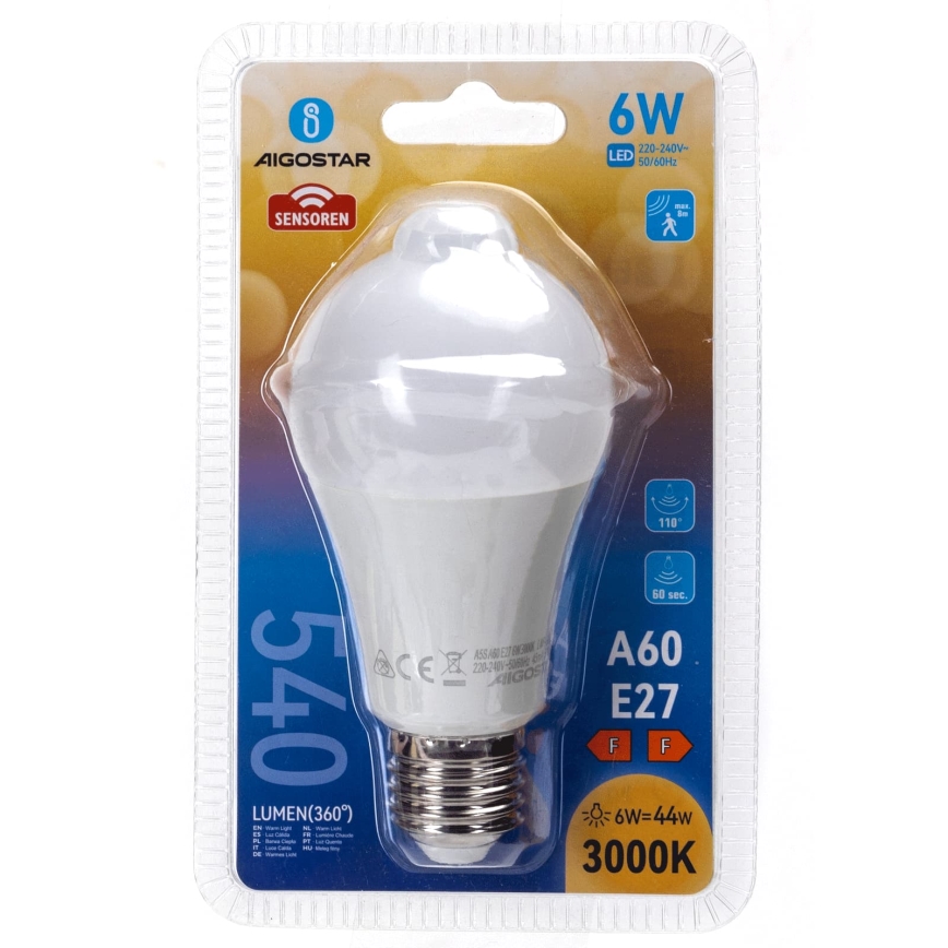 LED spuldze ar kustības un krēslas sensoru A60 E27/6W/230V 3000K - Aigostar