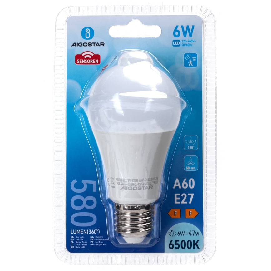 LED spuldze ar kustības un krēslas sensoru A60 E27/6W/230V 6500K - Aigostar