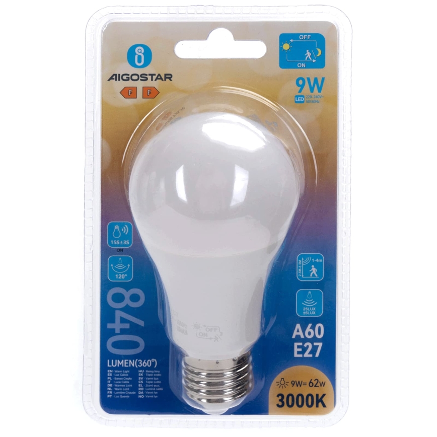 LED spuldze ar kustības un krēslas sensoru A60 E27/9W/230V 3000K - Aigostar