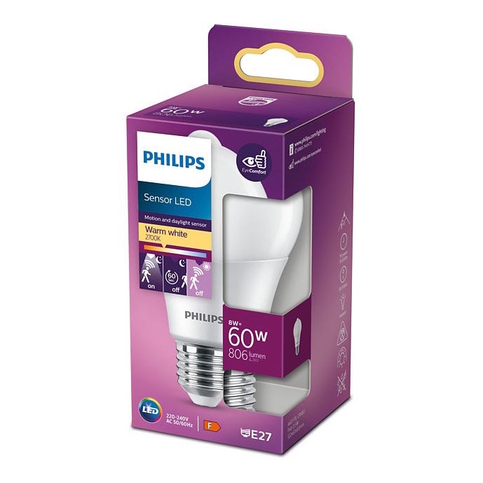 LED Spuldze ar sensoru Philips A60 E27/8W/230V 2700K