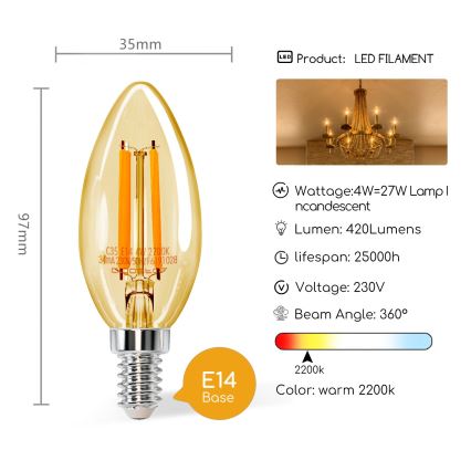 LED spuldze C35 E14/4W/230V 2200K - Aigostar