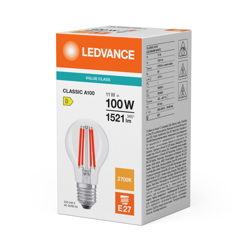 LED spuldze CLASSIC FILAMENT A60 E27/11W/230V 2700K - Ledvance