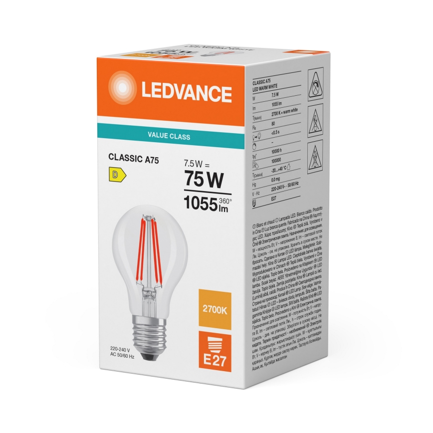 LED spuldze CLASSIC FILAMENT A60 E27/7,5W/230V 2700K - Ledvance