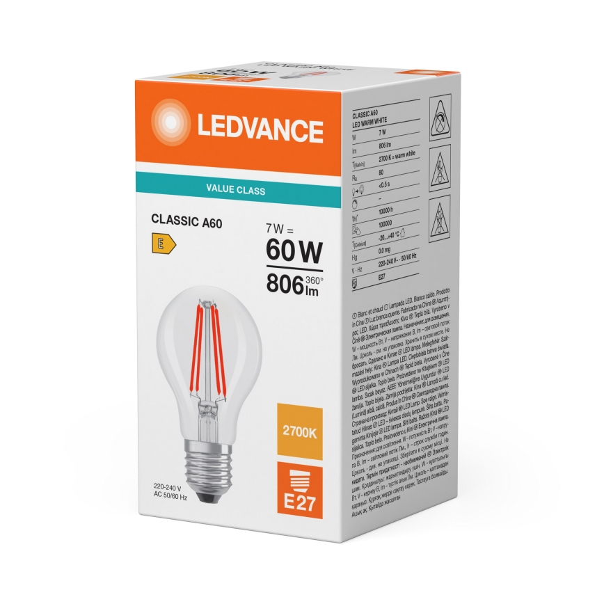 LED spuldze CLASSIC FILAMENT A60 E27/7W/230V 2700K - Ledvance
