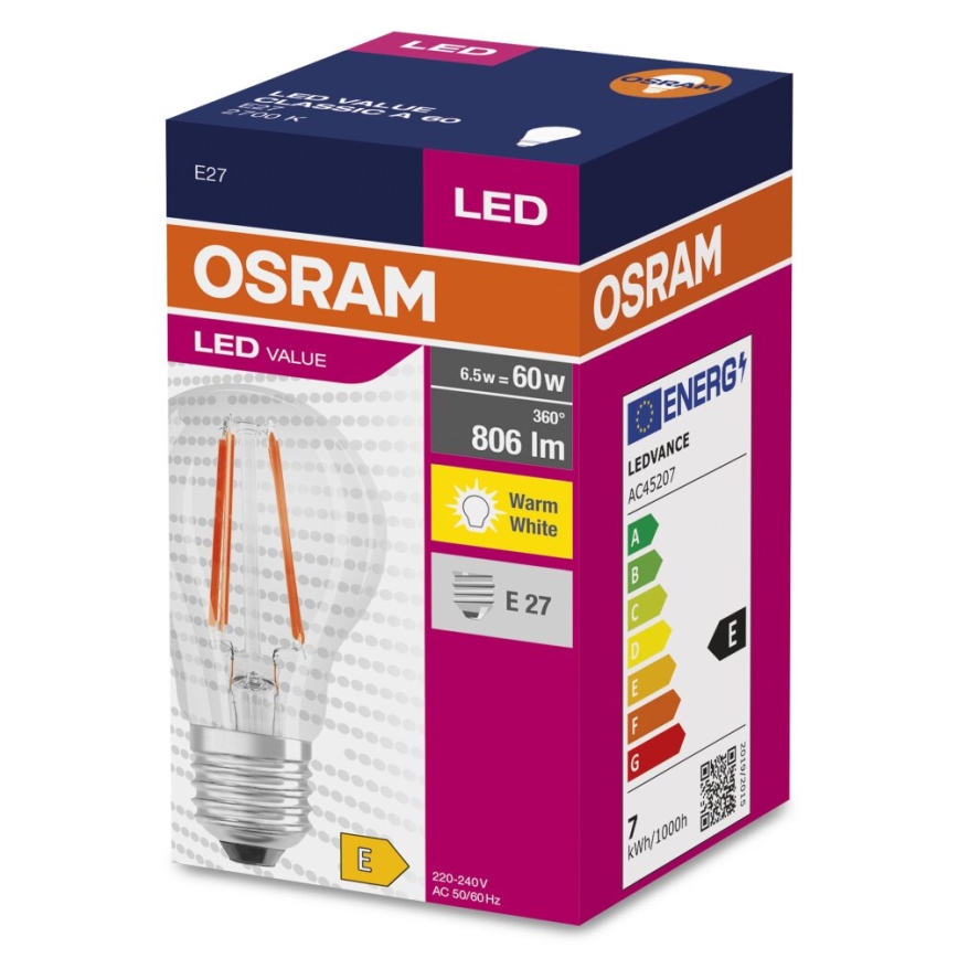 LED Spuldze FILAMENT A60 E27/6,5W/230V 2700K - Osram