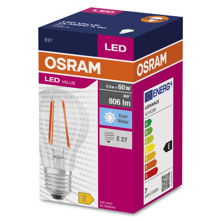 LED Spuldze FILAMENT A60 E27/6,5W/230V 4000K - Osram