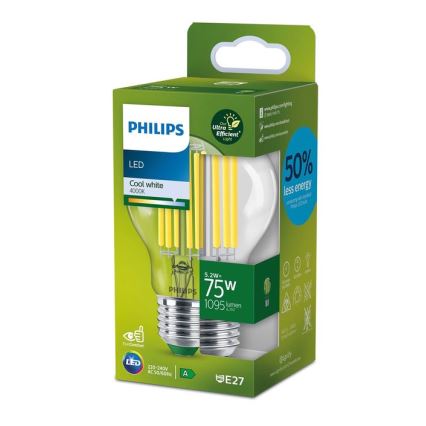 LED spuldze FILAMENT Philips A60 E27/5,2W/230V 4000K