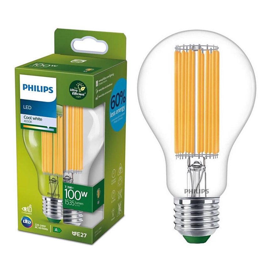 LED Spuldze FILAMENT Philips A60 E27/7,3W/230V 4000K