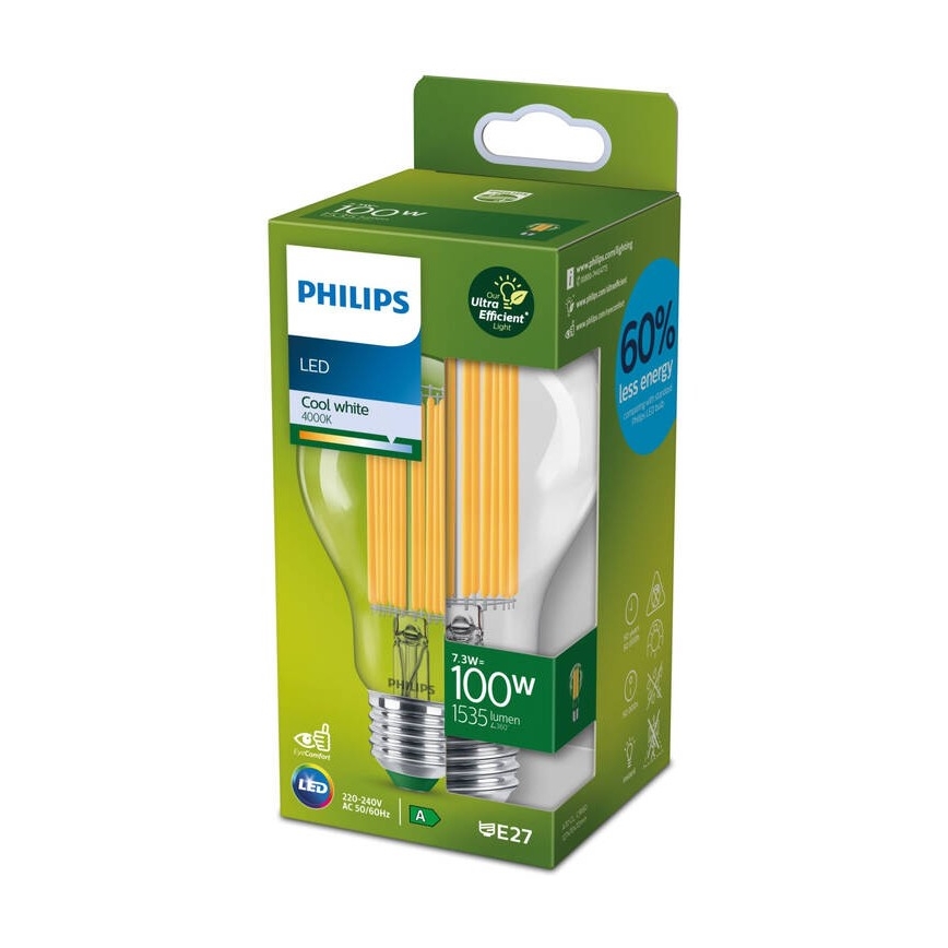LED Spuldze FILAMENT Philips A60 E27/7,3W/230V 4000K