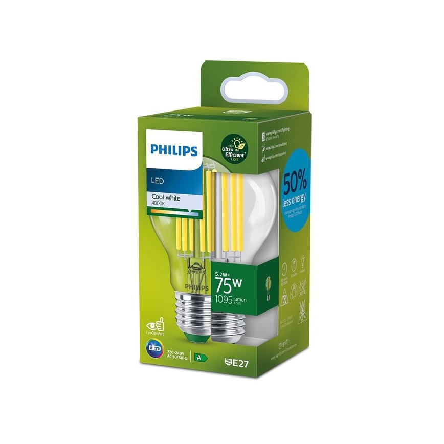 LED Spuldze FILAMENT Philips A70 E27/5,2W/230V 4000K