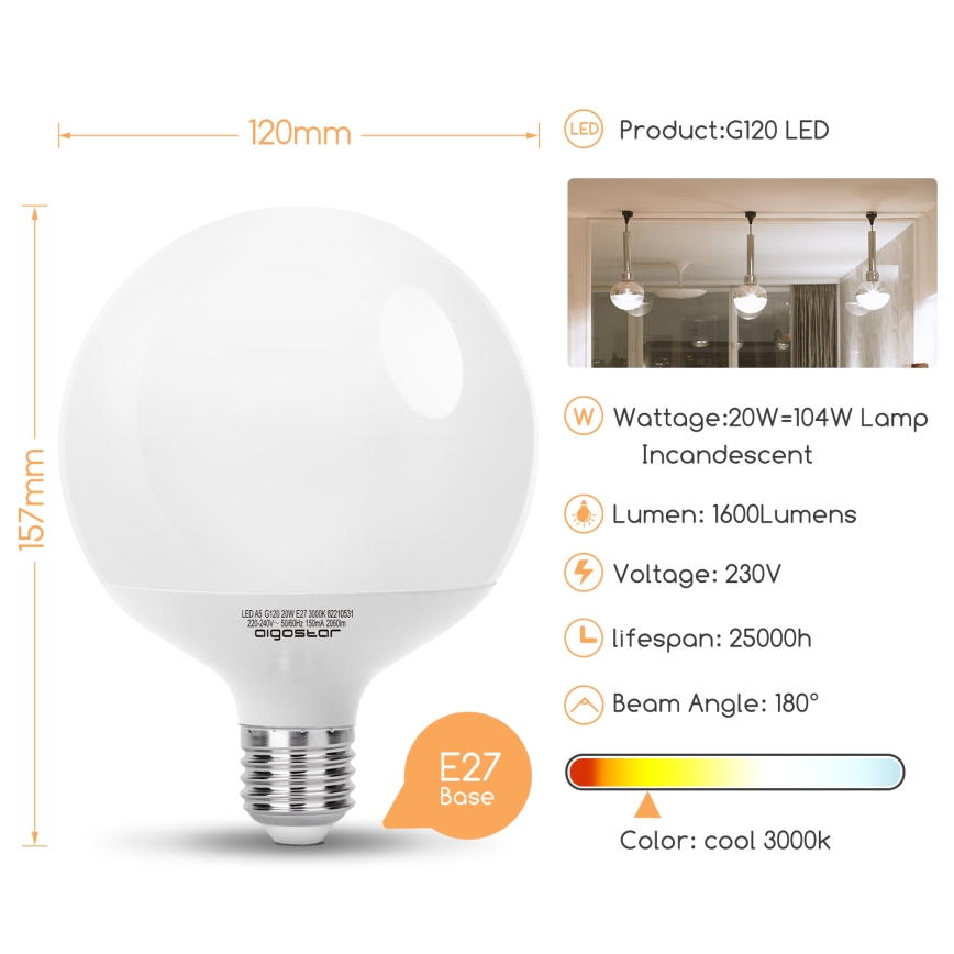 LED spuldze G120 E27/20W/230V 3000K - Aigostar