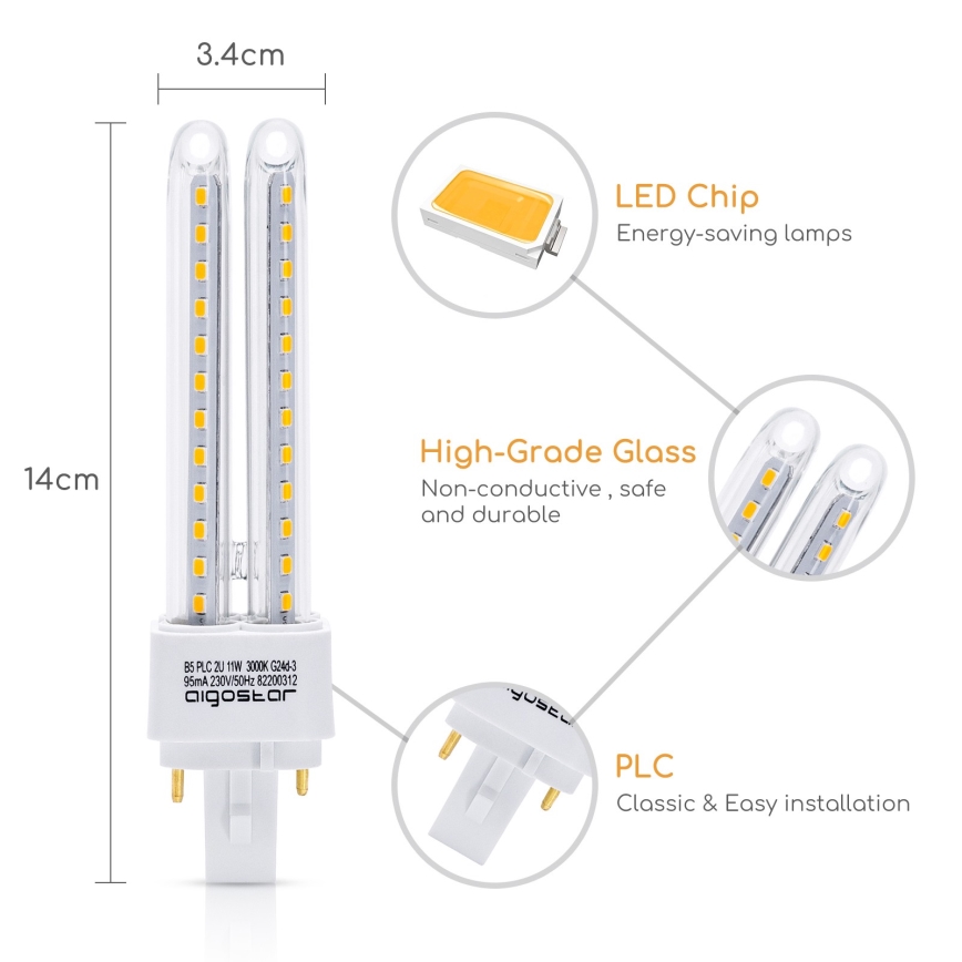 LED Spuldze G24D-3/11W/230V 3000K - Aigostar