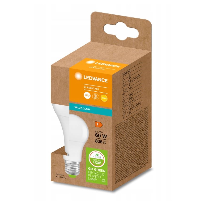 LED Spuldze izgatavota no pārstrādātas plastmasas A60 E27/8,5W/230V 2700K - Ledvance