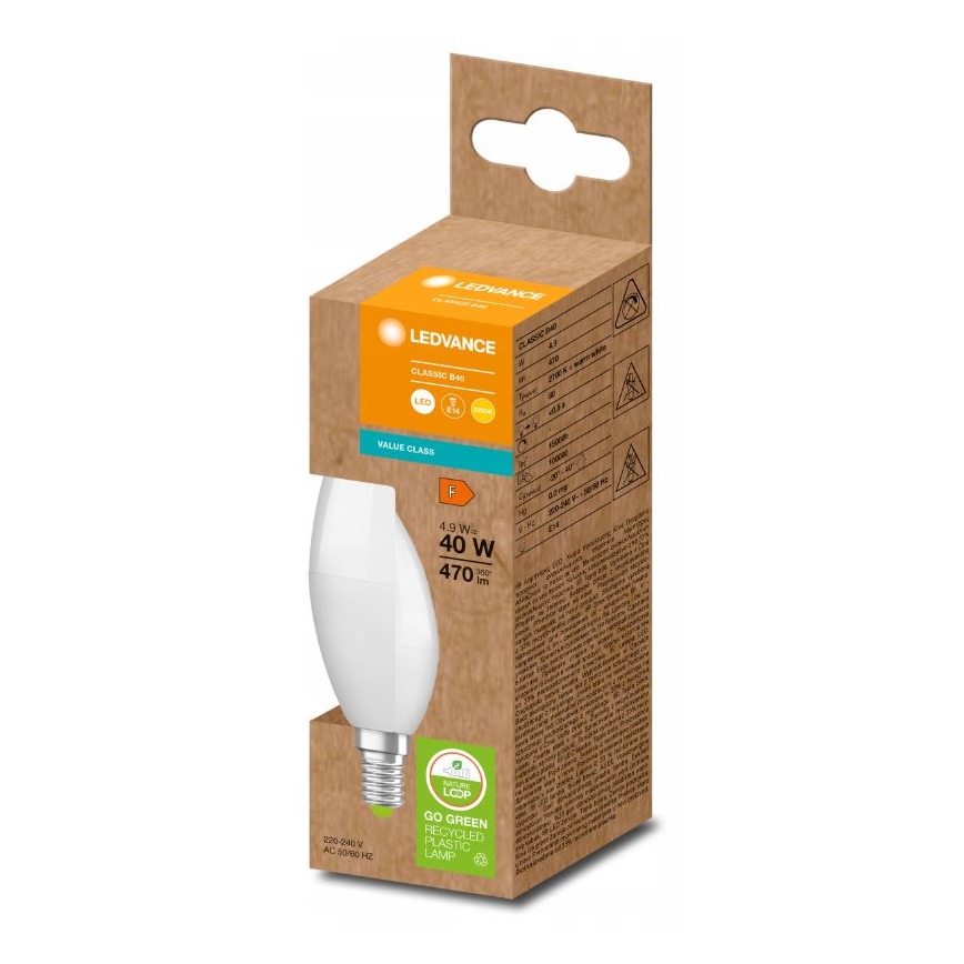 LED Spuldze izgatavota no pārstrādātas plastmasas B40 E14/4,9W/230V 2700K - Ledvance