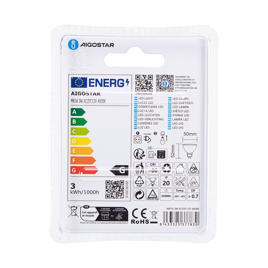 LED Spuldze MR16 GU5,3/3W/12V 4000K - Aigostar