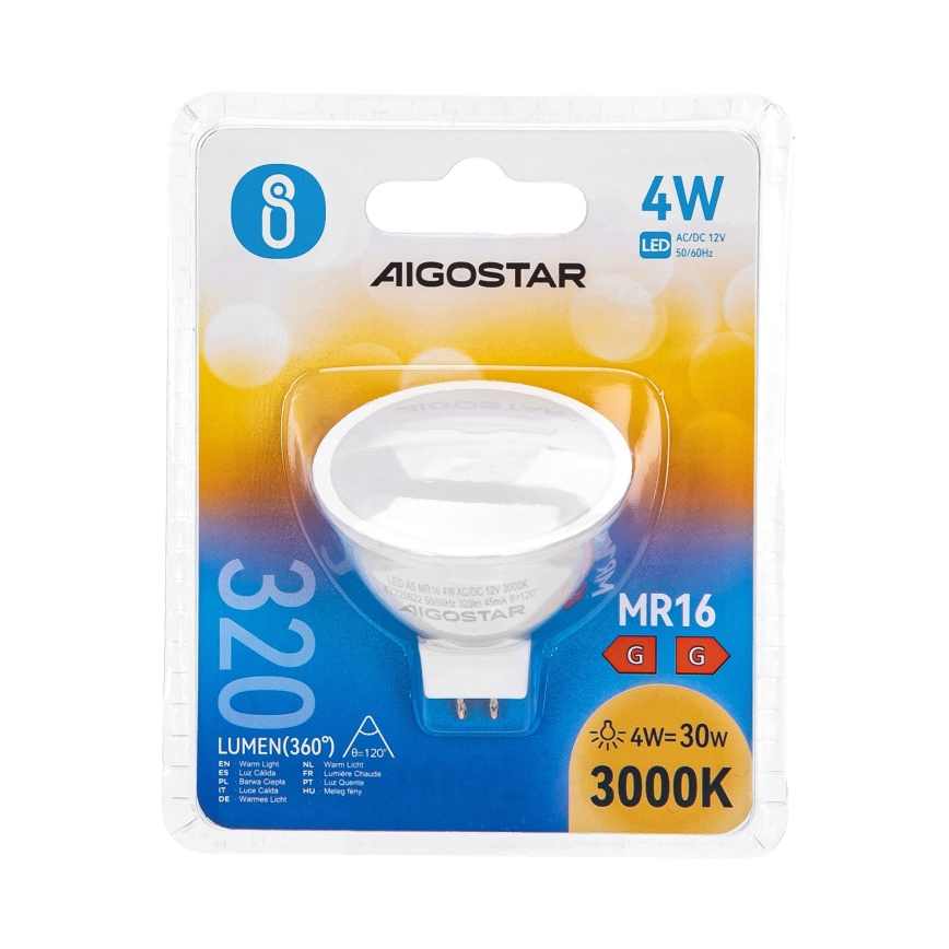LED Spuldze MR16 GU5,3/4W/12V 3000K - Aigostar