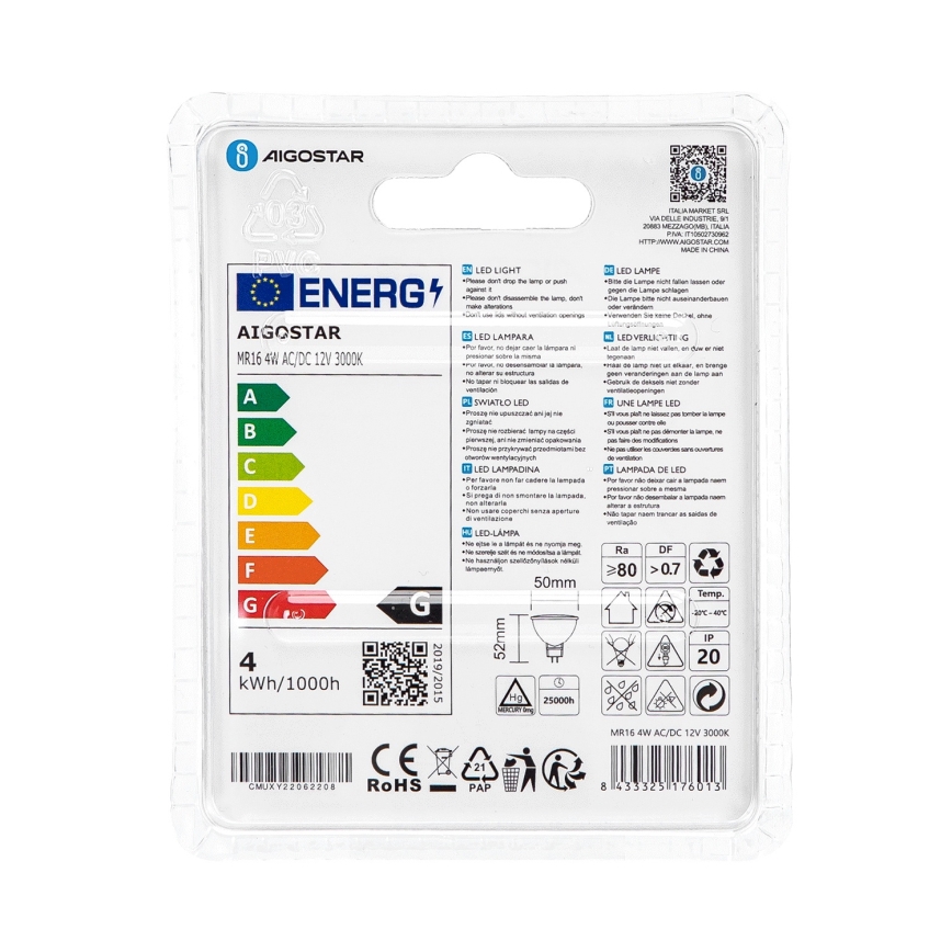 LED Spuldze MR16 GU5,3/4W/12V 3000K - Aigostar