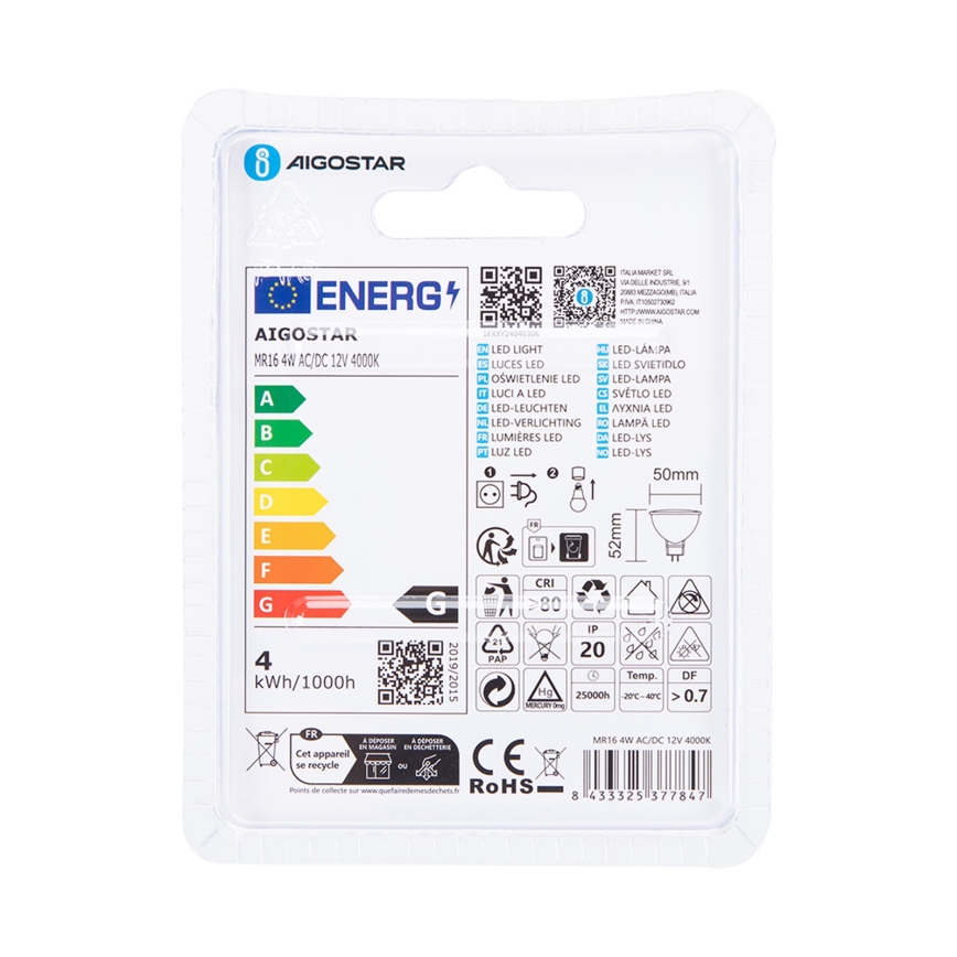 LED Spuldze MR16 GU5,3/4W/12V 4000K - Aigostar