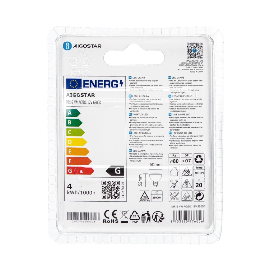 LED Spuldze MR16 GU5,3/4W/12V 6500K - Aigostar