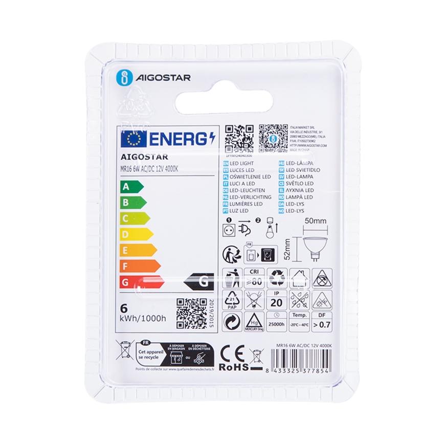 LED Spuldze MR16 GU5,3/6W/12V 4000K - Aigostar