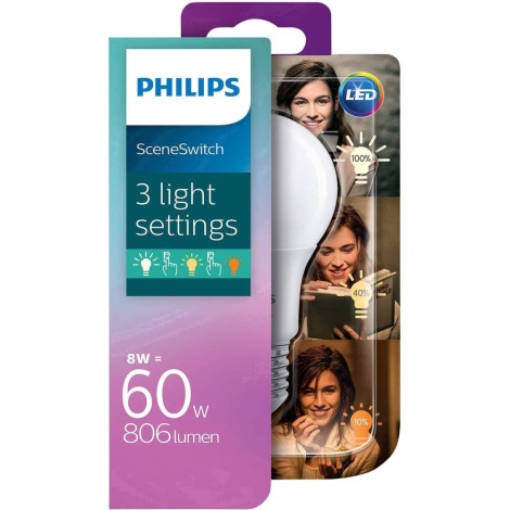 LED Spuldze Philips SCENE SWITCH A60 E27/8W/230V 2200K-2700K