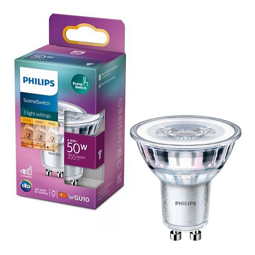 LED spuldze Philips SCENE SWITCH PAR16 GU10/4,8W/230V 2200/2500/2700K trīspakāpju pārslēgšana