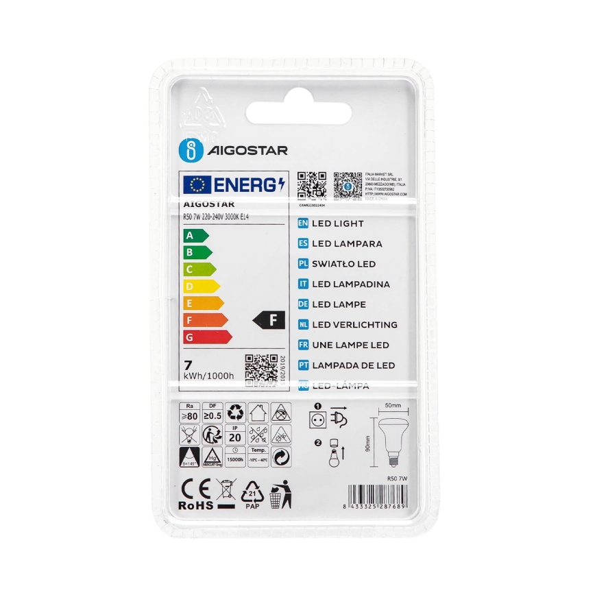 LED Spuldze R50 E14/7W/230V 3000K - Aigostar