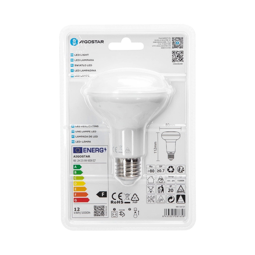 LED Spuldze R80 E27/12W/230V 6500K - Aigostar