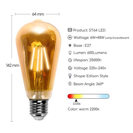 LED spuldze ST64 E27/6W/230V 2200K - Aigostar