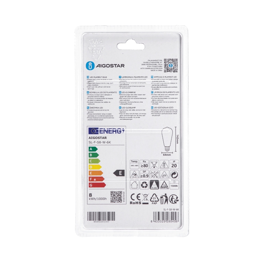 LED spuldze ST64 E27/8W/230V 330° 6500K - Aigostar