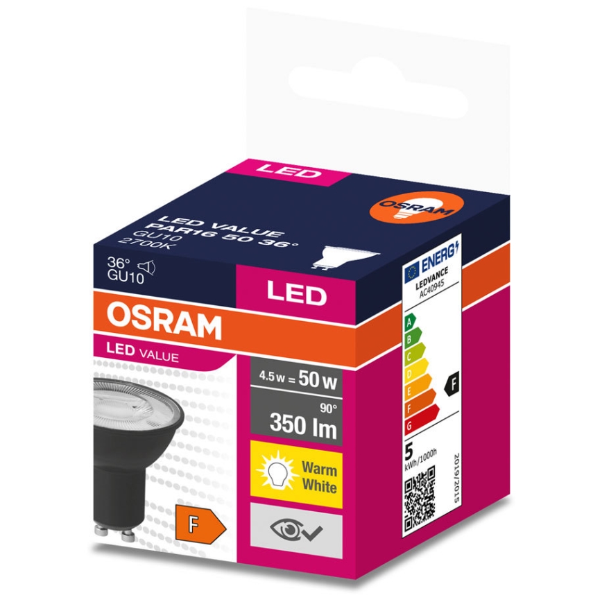 LED Spuldze VALUE PAR16 GU10/4,5W/230V 2700K 36° melna - Osram