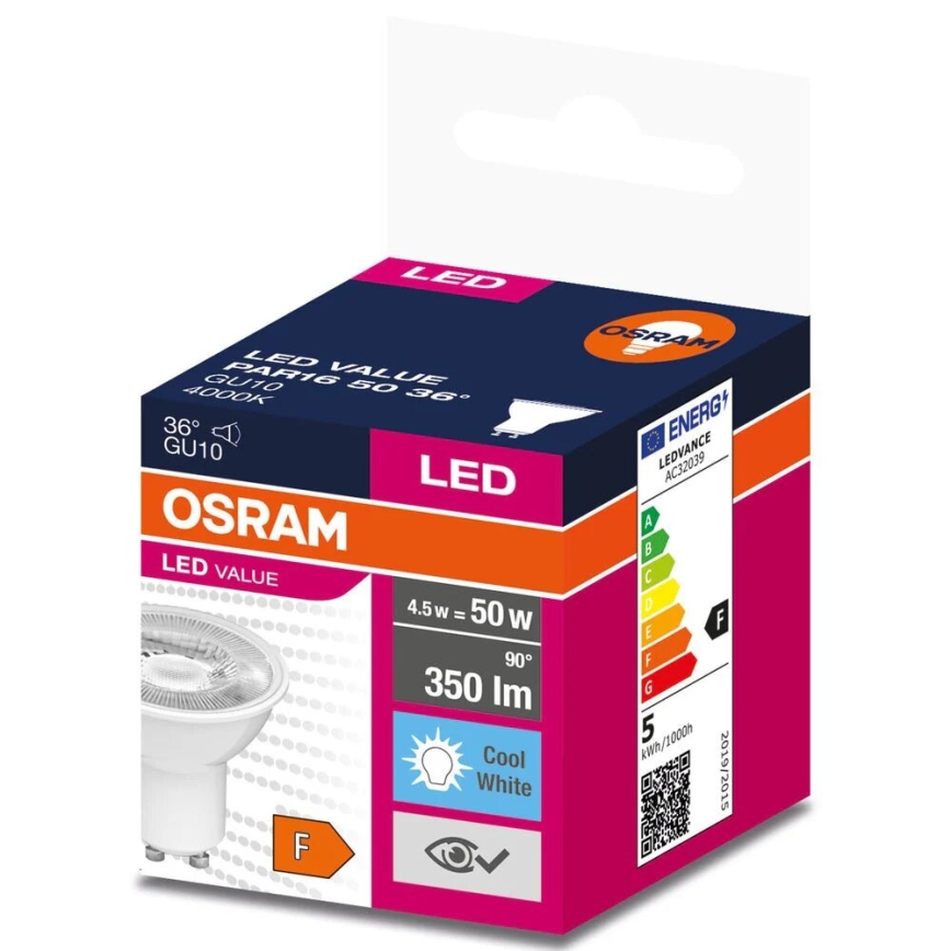 LED Spuldze VALUE PAR16 GU10/4,5W/230V 4000K 36° balta - Osram
