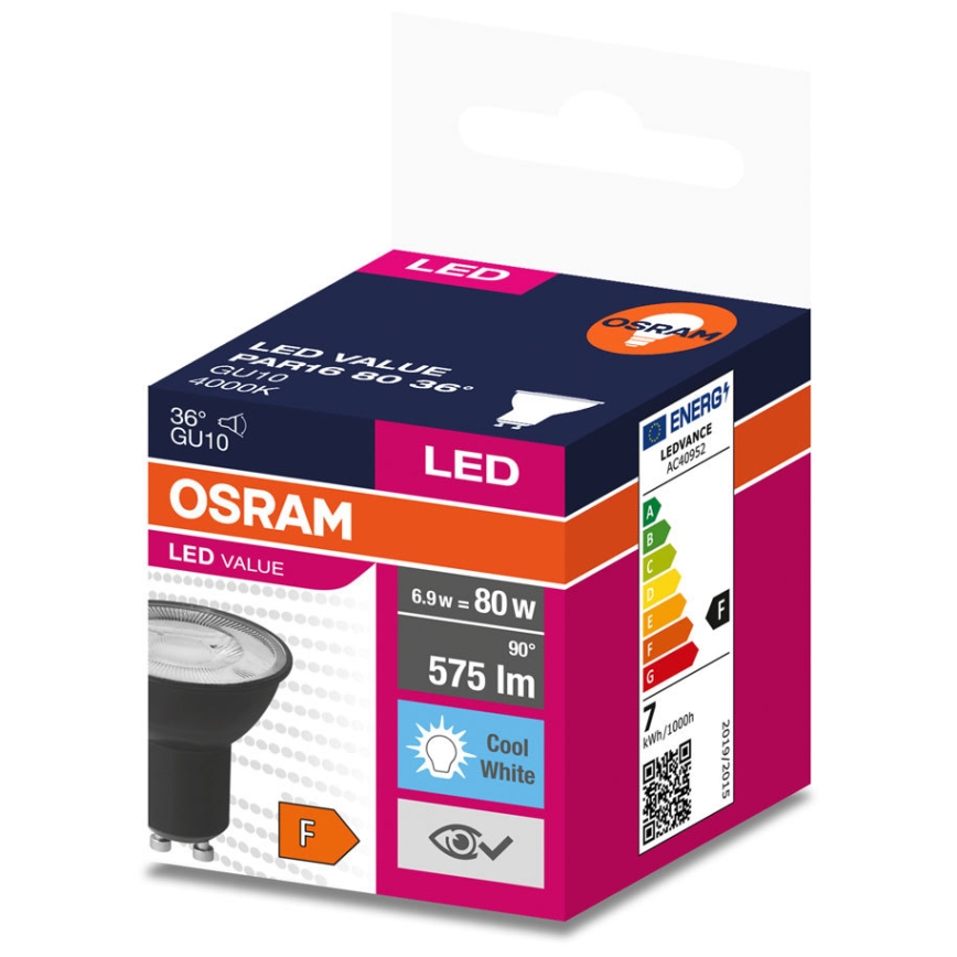 LED Spuldze VALUE PAR16 GU10/6,9W/230V 6500K 36° melna - Ledvance