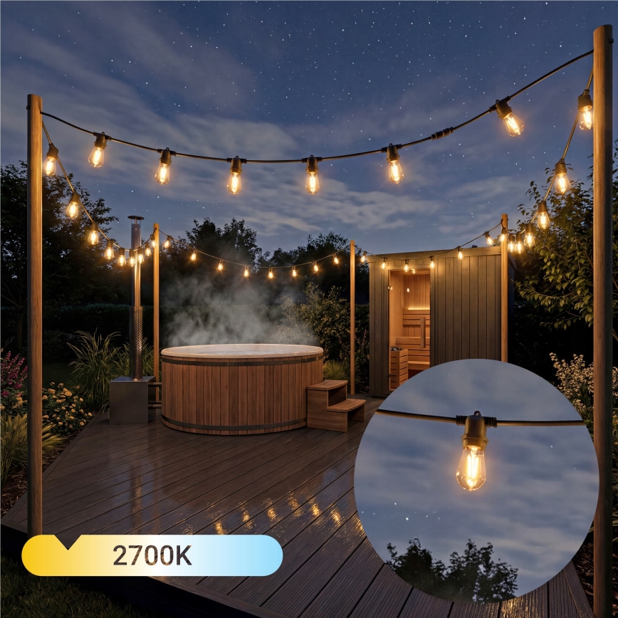 LED regulējama saules dekoratīvā virtene 20xE27/0,3W/3/5V USB 2400 mAh 20,62 m IP65 melna + tālvadība