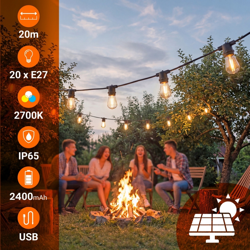 LED regulējama saules dekoratīvā virtene 20xE27/0,3W/3/5V USB 2400 mAh 20,62 m IP65 melna + tālvadība