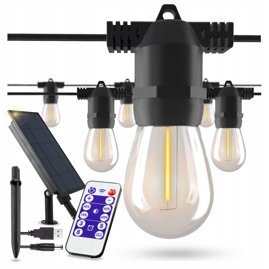 LED regulējama saules dekoratīvā virtene 20xE27/0,3W/3/5V USB 2400 mAh 20,62 m IP65 melna + tālvadība