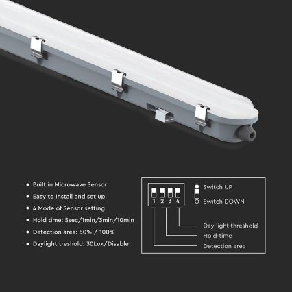 LED tehniskais cauruļveida gaismeklis ar kustības un krēslas sensoru LED/48W/230V IP65 4000K 150 cm