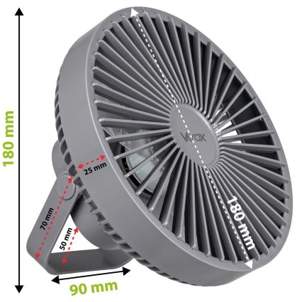 LED Uzlādējama galds ventilators ar LED apgaismojumu LED/2W/5V USB 2400 mAh pelēka