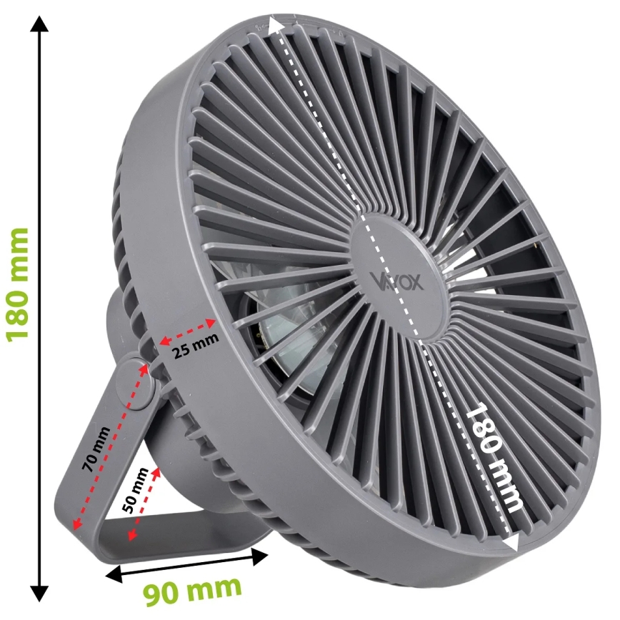 LED Uzlādējama galds ventilators ar LED apgaismojumu LED/2W/5V USB 2400 mAh pelēka