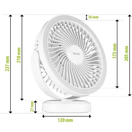 LED Uzlādējama galds ventilators ar LED apgaismojumu LED/3W/5V USB 2400 mAh balta