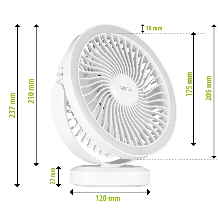 LED Uzlādējama galds ventilators ar LED apgaismojumu LED/3W/5V USB 2400 mAh balta