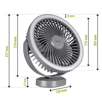LED Uzlādējama galds ventilators ar LED apgaismojumu LED/3W/5V USB 2400 mAh pelēka