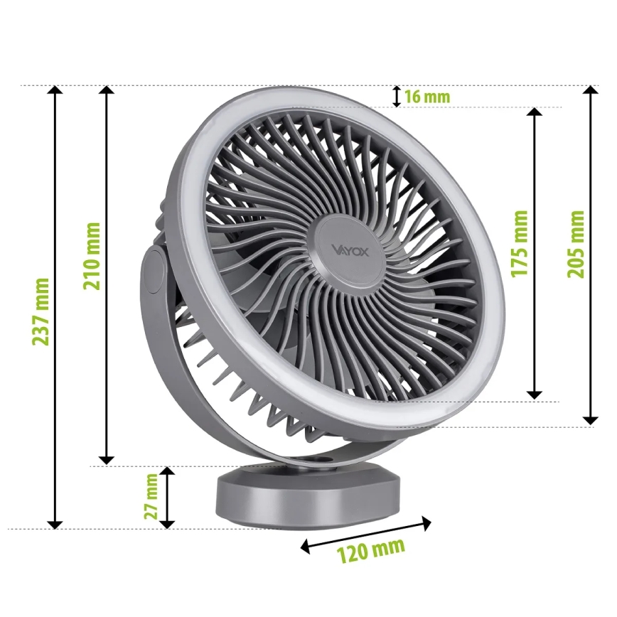 LED Uzlādējama galds ventilators ar LED apgaismojumu LED/3W/5V USB 2400 mAh pelēka