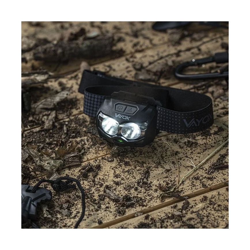 LED Aptumšojama uzlādējams galvas lampa ar sensoru un sarkana lampa 2xLED/5W/5V/3xAAA IP65 500 spīdīgs 1200 mAh