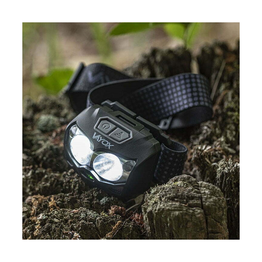 LED Aptumšojama uzlādējams galvas lampa ar sensoru un sarkana lampa 2xLED/5W/5V/3xAAA IP65 500 spīdīgs 1200 mAh
