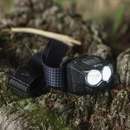 LED Aptumšojama uzlādējams galvas lampa ar sensoru un sarkana lampa 2xLED/5W/5V/3xAAA IP65 500 spīdīgs 1200 mAh