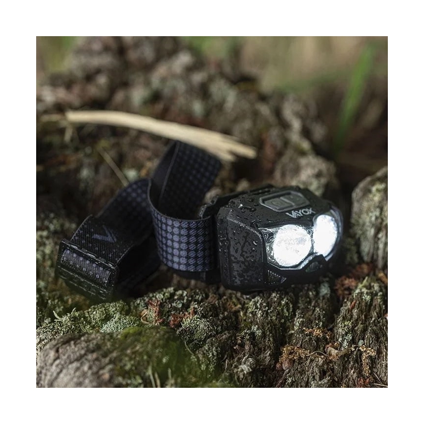 LED Aptumšojama uzlādējams galvas lampa ar sensoru un sarkana lampa 2xLED/5W/5V/3xAAA IP65 500 spīdīgs 1200 mAh